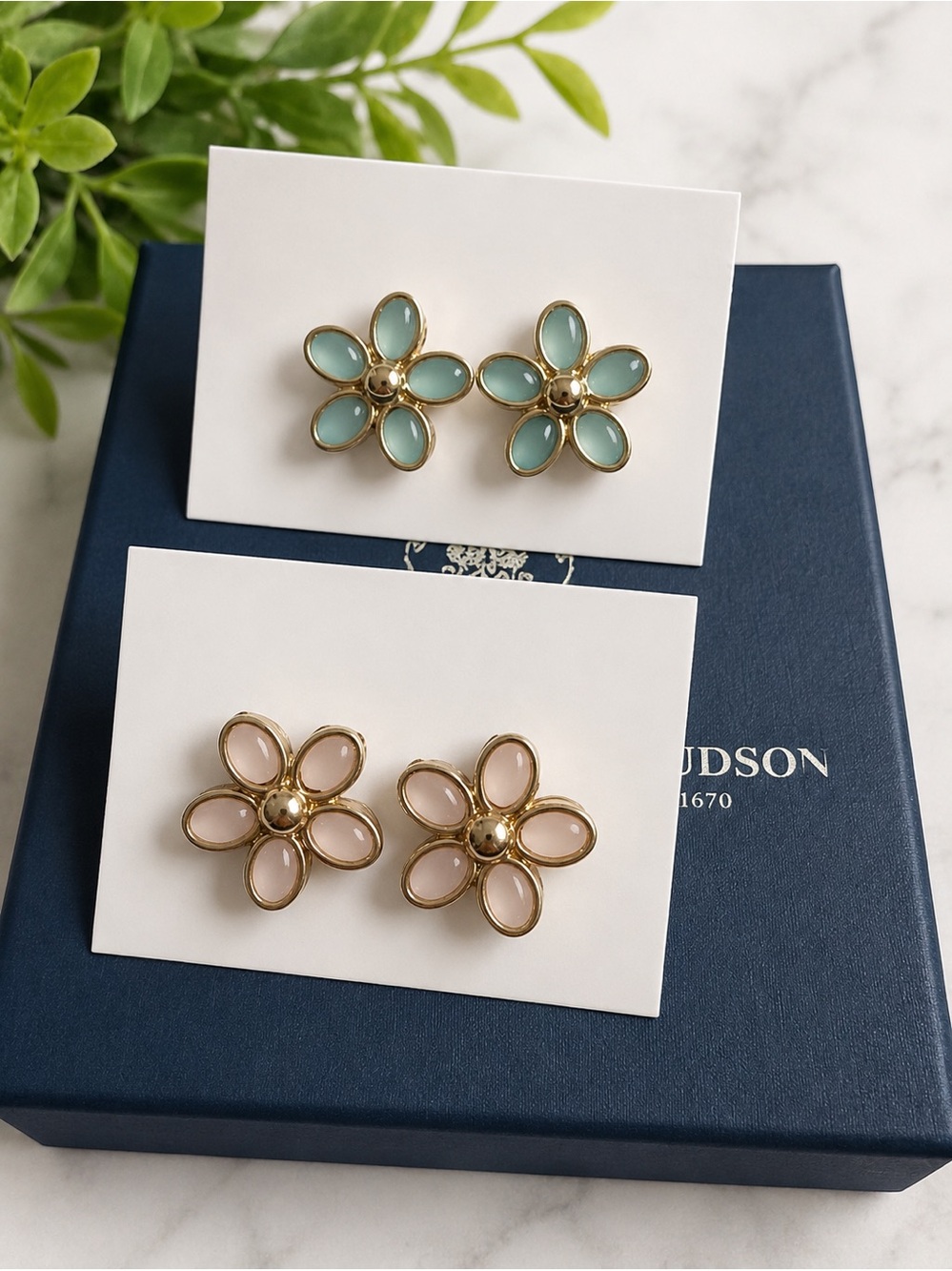 Vintage Hudson’s Bay Floral Earrings Set – Pale Teal & Blush – Original Box